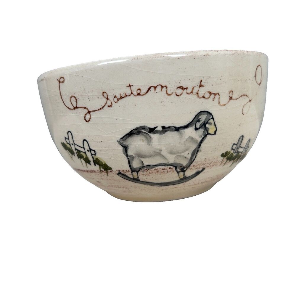 Country Corner hand painted rocking sheep lettered "saute mouton" ceramic bowl